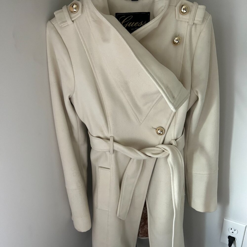 Guess Cream Color Pea Coat / Wool Blend with Gold Buttons - Size XS